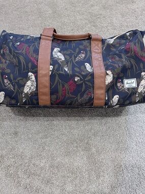 Herschel Supply Company Navy Parrot Print Duffel with Brown Accents